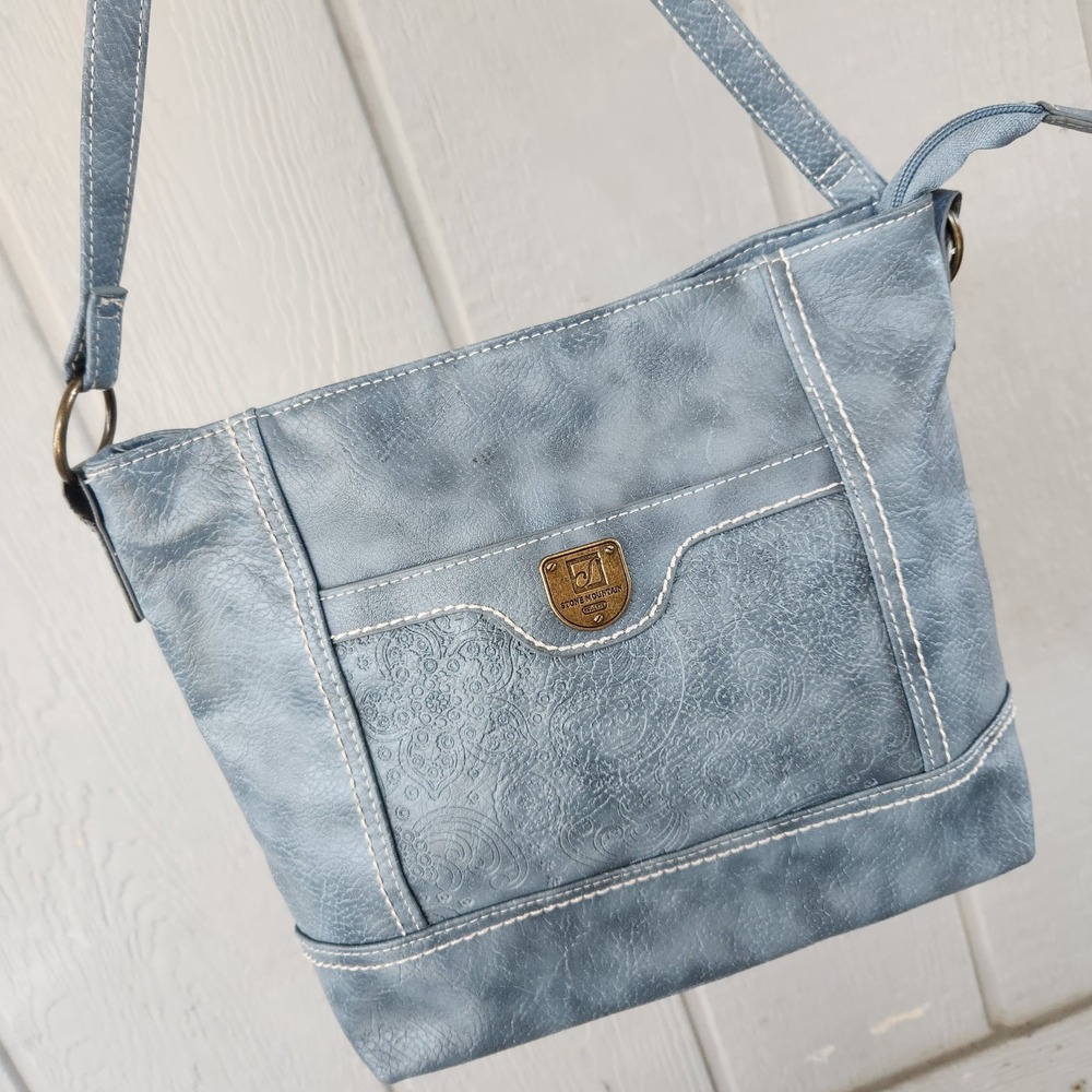 Stone Mountain Blue Paisley Embossed Shoulder Bag‎ with Zip Closure and Pockets